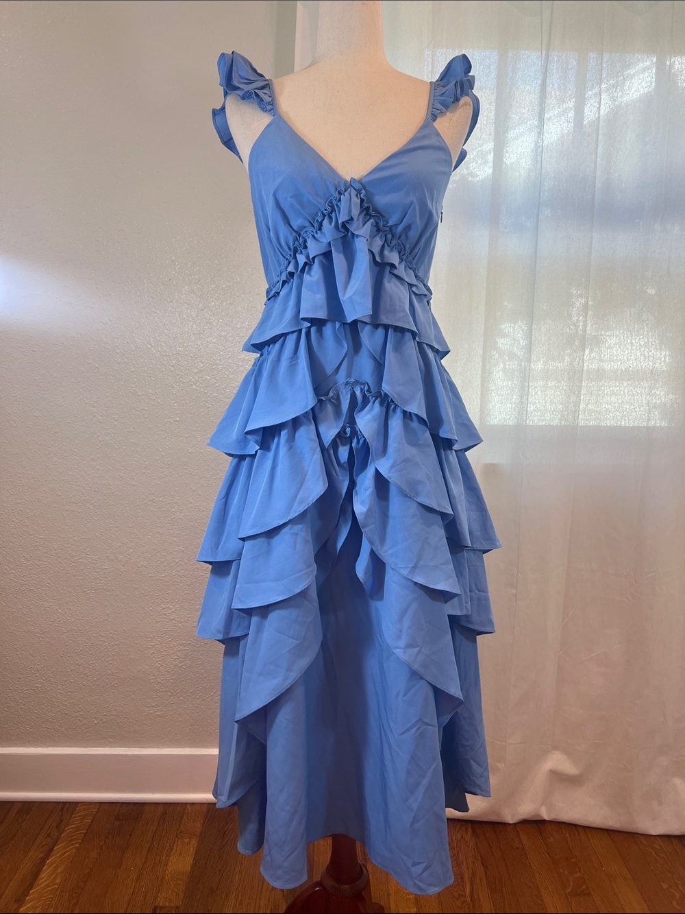 Endless Rose Blue Ruffled V-Neck Tiered Maxi Dress. S. NWOT. Modern Cinderella